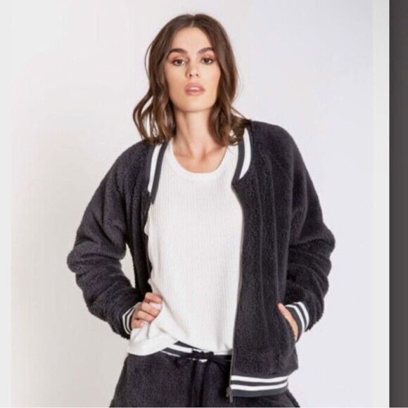 PJ SALVAGE WOMENS BOMBER BABE BLACK PLUSH ZIP FRONT JACKET - Picture 3 of 9